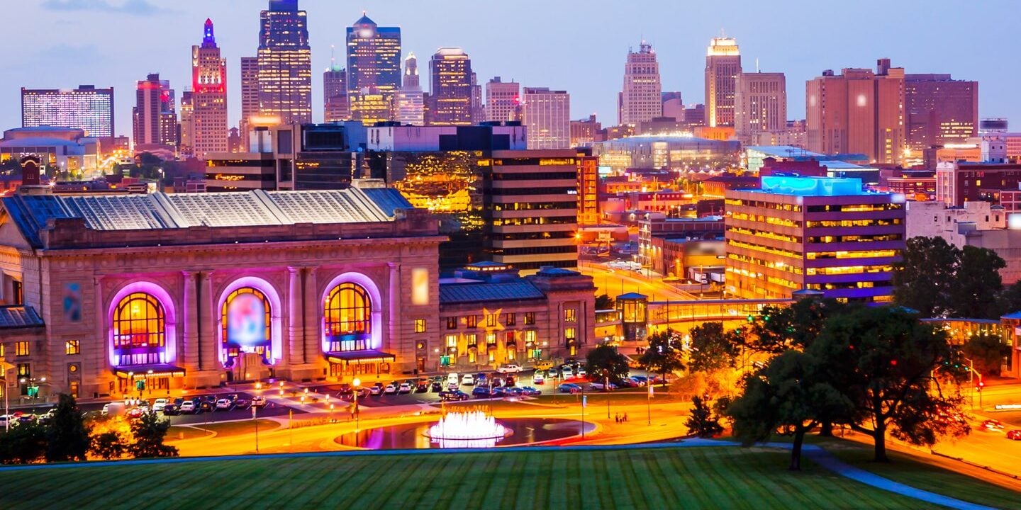 Aerial View of Kansas City Skyline at Dusk