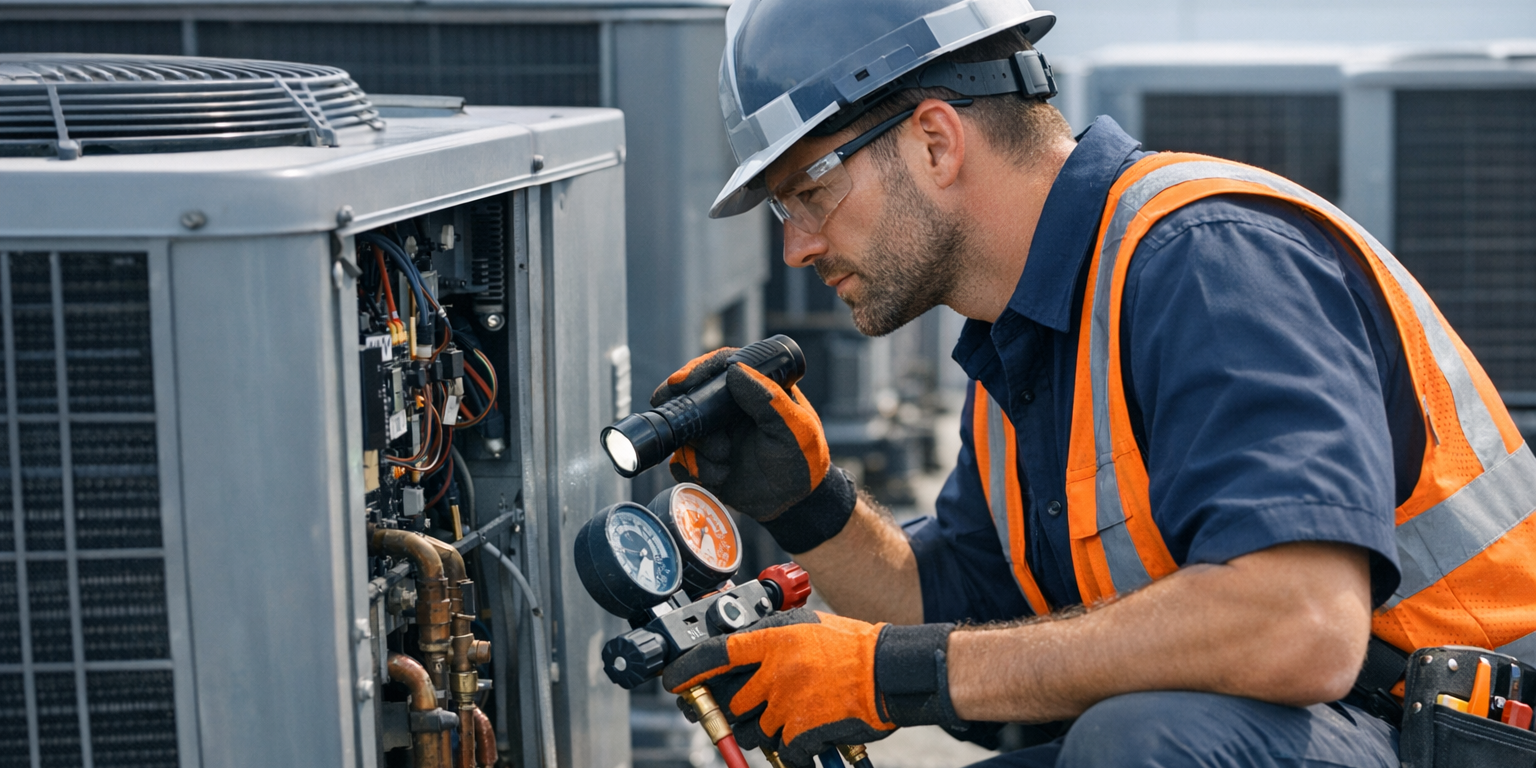 Skilled tradespeople at work HVAC electrician plumber