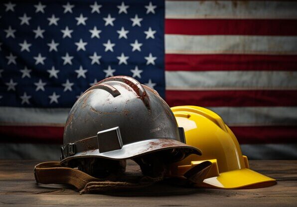Patriotic labor day tableau helmet tools flag epitomize american industriousness 896558 4155
